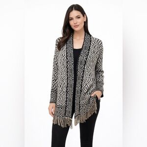 RUBY RD black/gray fringed open front cardigan  Plus 1X